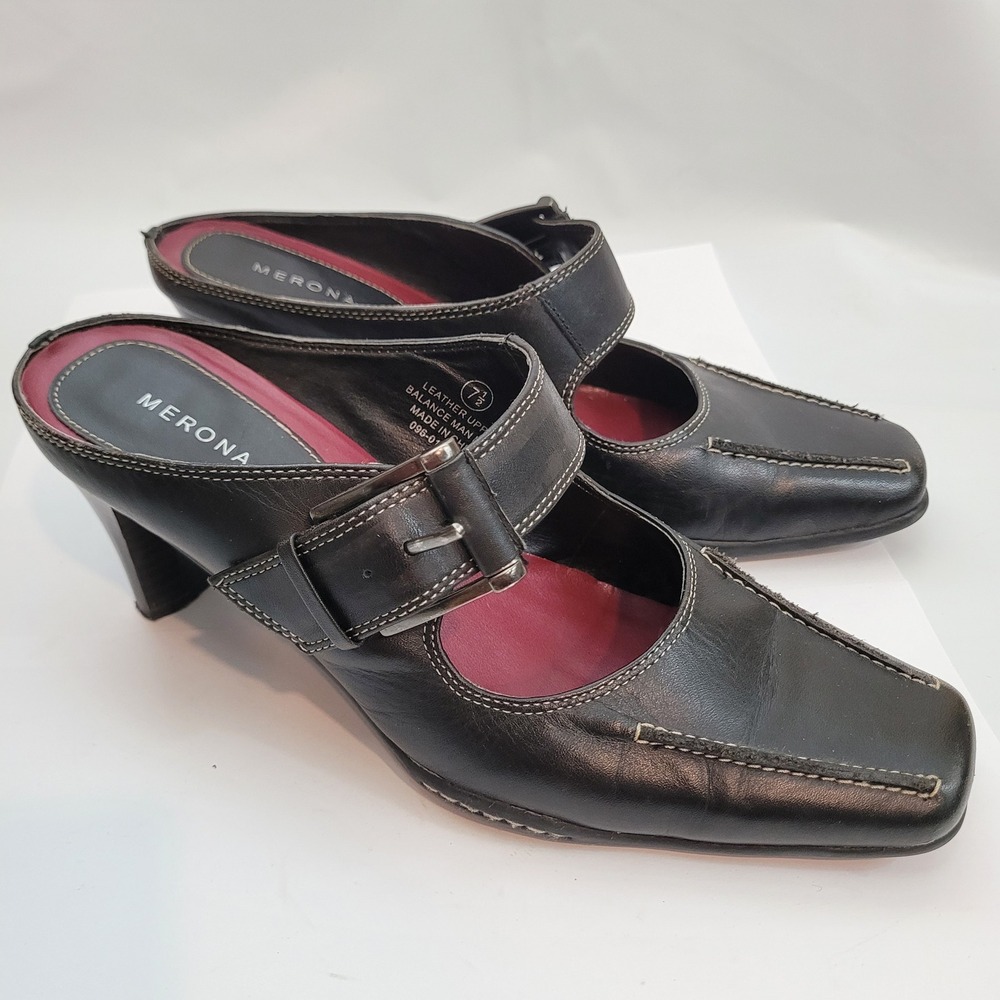 Merona Heeled Mules Womens 7.5 Black Leather Square Toe Buckle Strap Block Heel